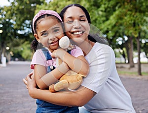 Portrait, mother and child hug in park, fun day outdoor with love and care, happy people together in nature. Family