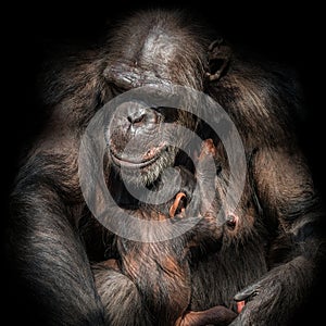 Portrait of mother Chimpanzee with her funny small baby at black