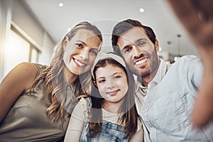 Portrait, mother or father with a girl take a selfie as a happy family in living room bonding in Australia. Child, smile