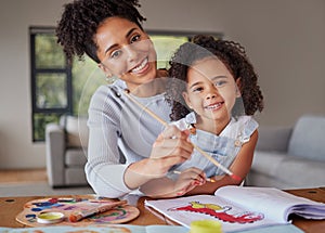 Portrait, mother and girl painting, learning and happy while drawing on a kindergarten creative project together