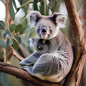 A portrait of a mother koala cradling her baby in a eucalyptus tree1