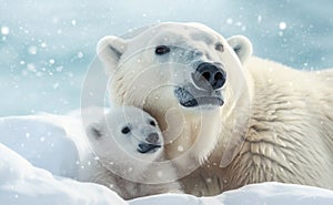 Portrait of mother polar bear with her cute cub in snow