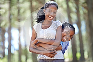 Portrait, mother and son hiking in the forest together as a black family for travel, freedom or adventure. Love, smile