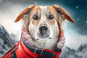 Portrait of a mountain rescue dog in red amunition. Generative AI