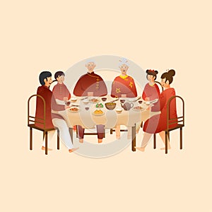 Portrait Of Multi Generation Chinese Family Eating Meal Together On Pastel Peach
