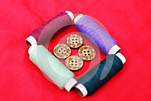 Portrait of multicolored Sewing thread and button