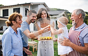 Portrait of multigeneration family outdoors on garden barbecue, grilling.