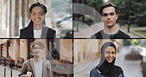 Portrait of multiracial students looking into the camera. Split screen collage of diverse smiling multiracial people