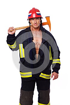 Portrait of muscle man posing in uniform on white background