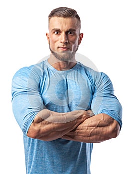 Portrait of a muscular male model on white background