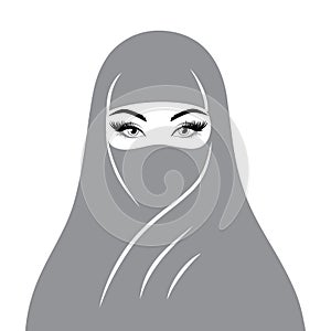 Portrait of muslim beautiful woman in hijab. Black and white vector