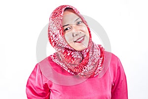 Portrait of muslim business woman smiling girl, posing at white studio background. Young emotional woman. The human emotions,