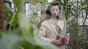 Portrait of mysterious Caucasian woman standing between green plants holding pot with cactus. Elegant brunette brown