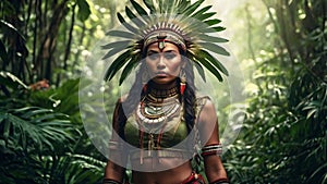 Portrait of native tribe female warrior in rainforest