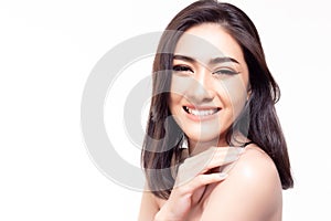 Portrait natural beauty Asian woman. Beautiful spa asian girl feel happy with smiley face. Gorgeous female has perfect facial skin