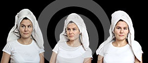 Portrait of natural young woman with a towel on her head. Set of three photos isolated on black. Spa welness bath topic