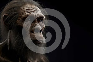 Portrait of neanderthal on solid black background spot light. ai generative