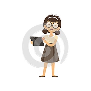 Portrait of nerd girl with cheerful face expression. Cartoon female character holding tablet in hand. Kid in glasses