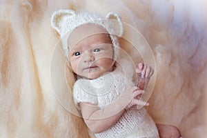 Portrait of a newborn baby in a polar bear costume