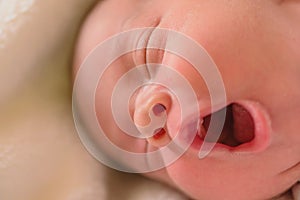 Portrait of a newborn sleepy  baby boy yawning