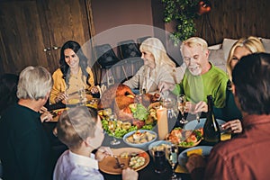 Portrait of nice attractive adorable cheerful family small little kids enjoying eating tasty yummy domestic turkey