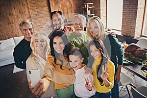 Portrait of nice attractive big full cheerful family brother sister grandparents grandson granddaughter gathering taking