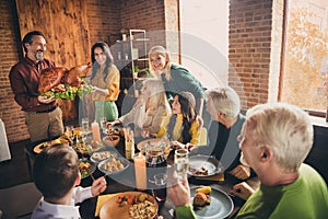 Portrait of nice attractive cheerful affectionate family gathering housekeeper carrying plate fresh homemade turkey