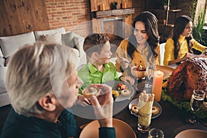 Portrait of nice attractive cheerful careful family parents grandparents grandchildren sitting around served table