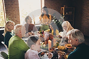 Portrait of nice attractive cheerful family parents grandparents multi generation sitting around served table eating
