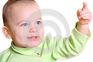 Portrait of nice baby with outstretched hand isolated