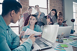 Portrait of nice busy serious professional sharks specialists experts managers wearing casual preparing corporate data