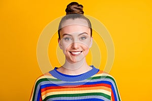 Portrait of nice charming girl look good in camera toothy smiling wear pullover isolated over vivid color background