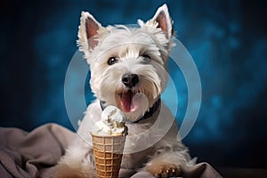 Portrait nice dog dog eating ice cream. west highland white terrier Generative AI