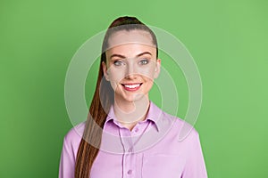 Portrait of nice friendly girl freelancer entrepreneur look good in camera toothy smile wear outfit isolated over green