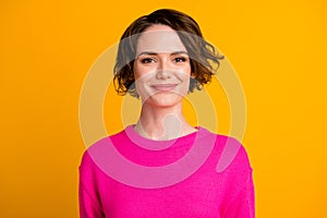 Portrait of nice girl look in camera wear casual style pullover isolated over bright color background