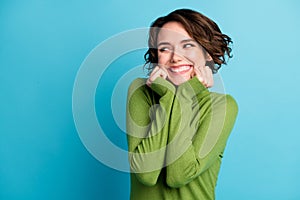 Portrait of nice kind sweet girl look good mood copyspace appreciate weekend holiday wear pullover isolated over blue