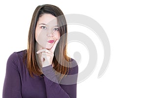 Portrait of nice-looking cute fascinating attractive lovely sweet pensive girl creating idea copy space isolated over white