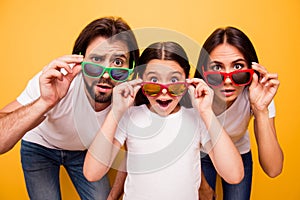 Portrait of nice lovely attractive cheerful amazed people having fun day wearing colorful modern eyewear omg gesture