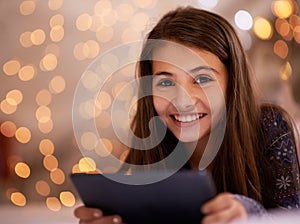 Portrait, night or girl with tablet for streaming, playing games or watching videos on a movie website. Smile, house or