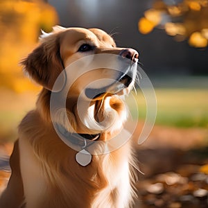 A portrait of a noble golden retriever against a backdrop of autumn leaves1