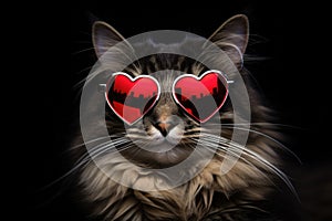 Portrait Norwegian Forest Cat Cat With Heart Shaped Sunglasses Black Background