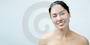 Portrait nude young Asian woman Close up of beautiful faces Feel Happy. Smile with a healthy white teeth
