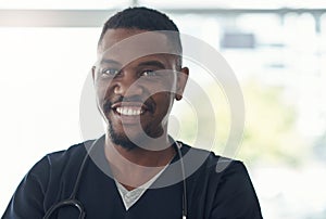 Portrait, nurse and happy black man in hospital for healthcare career, wellness or service in Kenya. Face, smile and