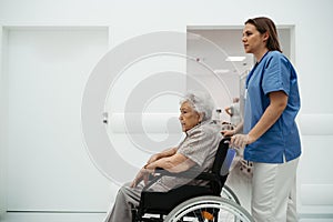 Portrait of nurse pushing senior patient in wheelchair across hospital corridor. Emotional support for elderly woman.