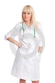 Portrait of a nurse in a white coat with a stethoscope