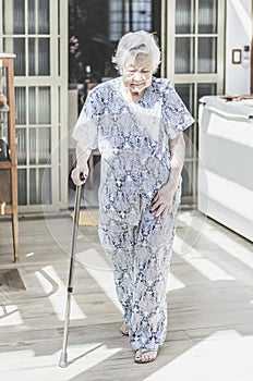 Japanese descendant grandma walking with the help of a walking s photo