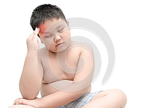 Portrait of obese fat boy having a headache isolated