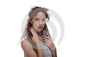 Portrait of odd woman on white background