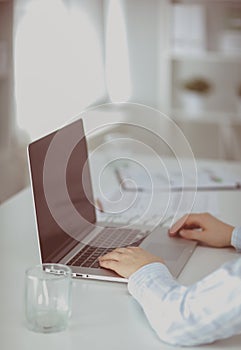 Portrait of office worker man sitting at office desk using laptop computer