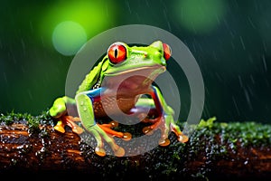 Portrait og green tree frog sit on wet wooden in the rain, generative AI